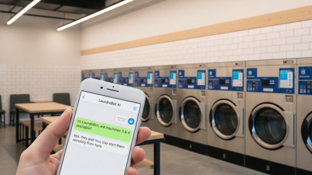 Lavanderia self-service moderna com celular mostrando conversa de chatbot com inteligência artificial
